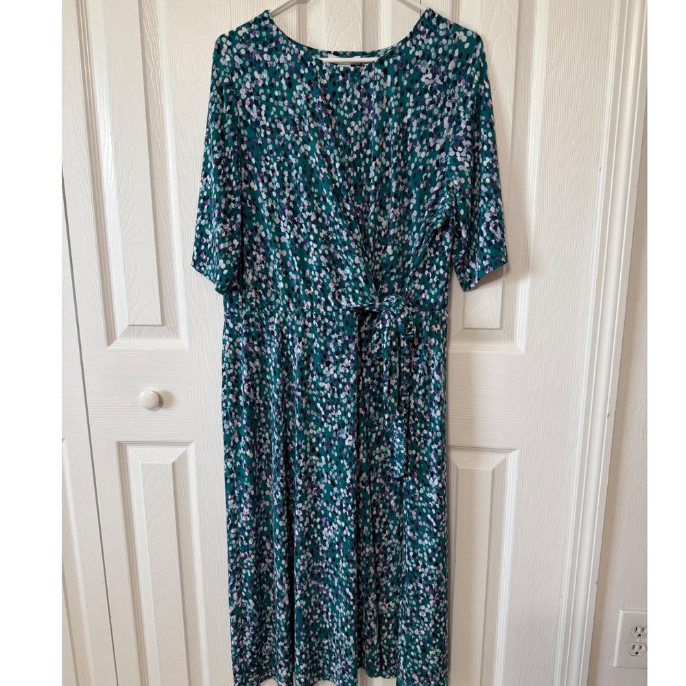 London Times Woman Teal Purple Abstract Dot Faux Wrap Midi Dress Plus Size 20W